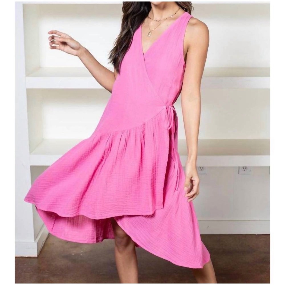 StarkX Layla wrap dress pink M‎ Cotton resort vacation classic lightweight gauze